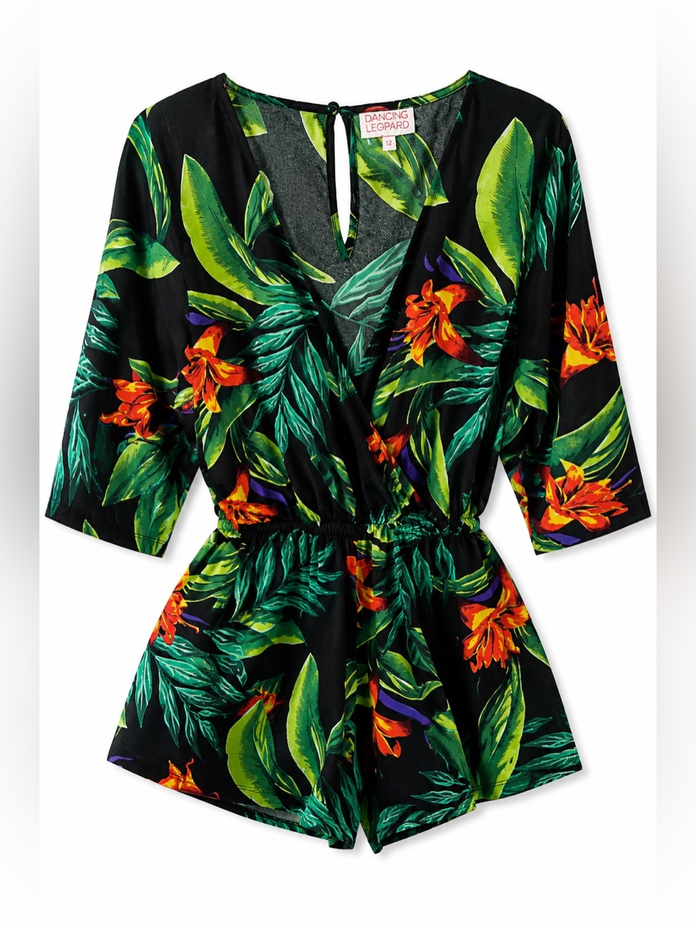 Dancing Leopard Tropical Floral Wrap Romper 12 Black Green Resort Vacation